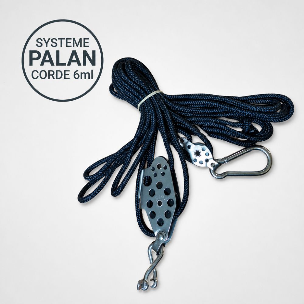 Palan complet pour mât (2 poulies, manille, mousqueton, 6ml cordage)