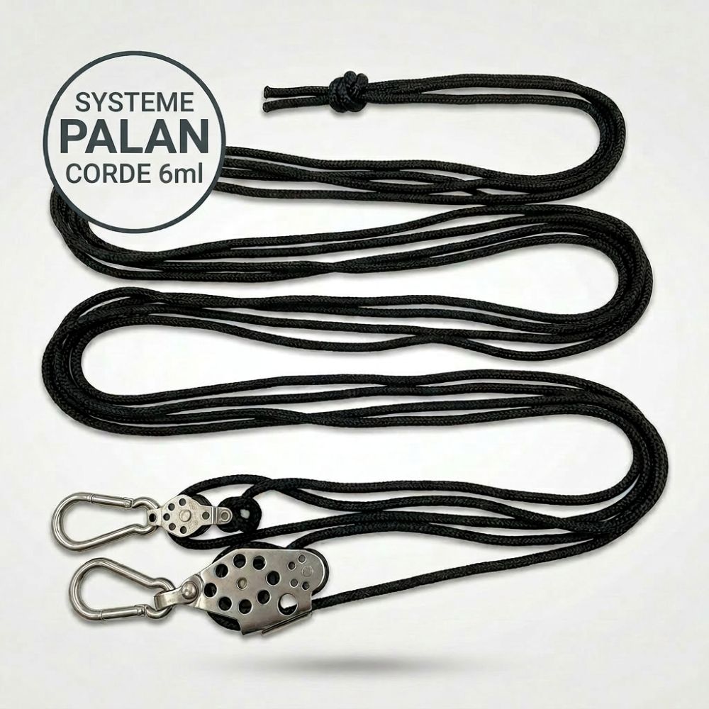 Palan complet pour mur (2 poulies, 2 mousquetons, 6ml cordage)