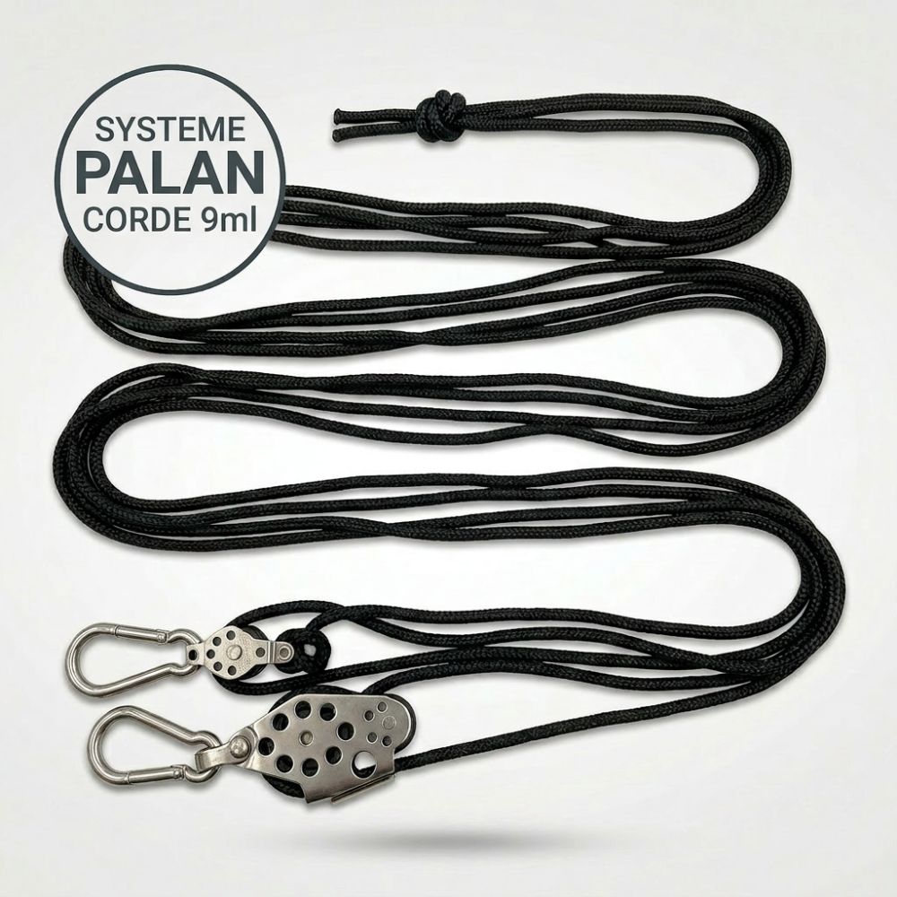 Palan complet pour mur Long (2 poulies, 2 mousquetons, 9ml cordage)